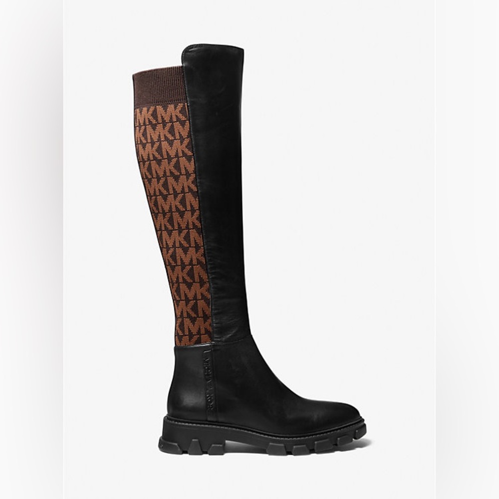 NEW $275 Michael Kors Ridley Leather & Logo Jacquard Knee High Boots - Picture 2 of 4